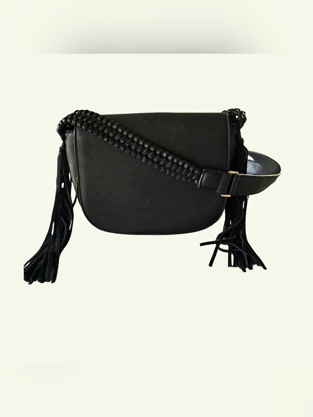 Antik Kraft Black Faux Leather Crossbody Boho Bag, Braided Strap Side Tassels